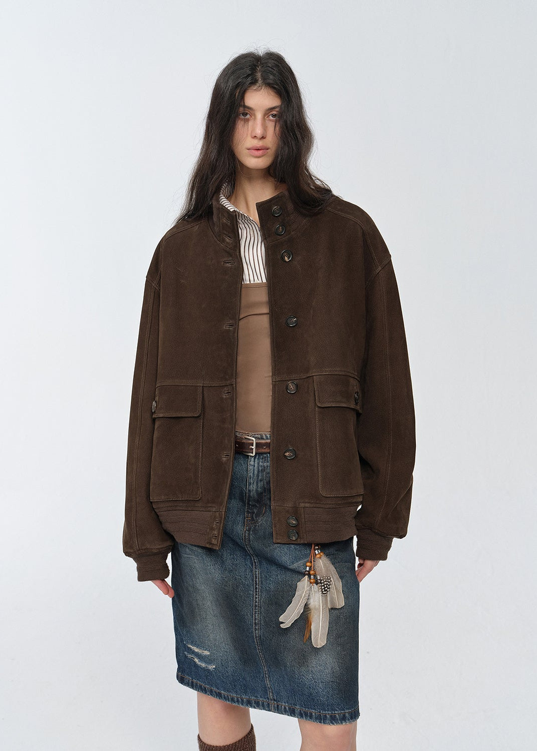 "Spring Whisper" Vintage imported suede sheepskin leather ribbed patchwork jacket-5