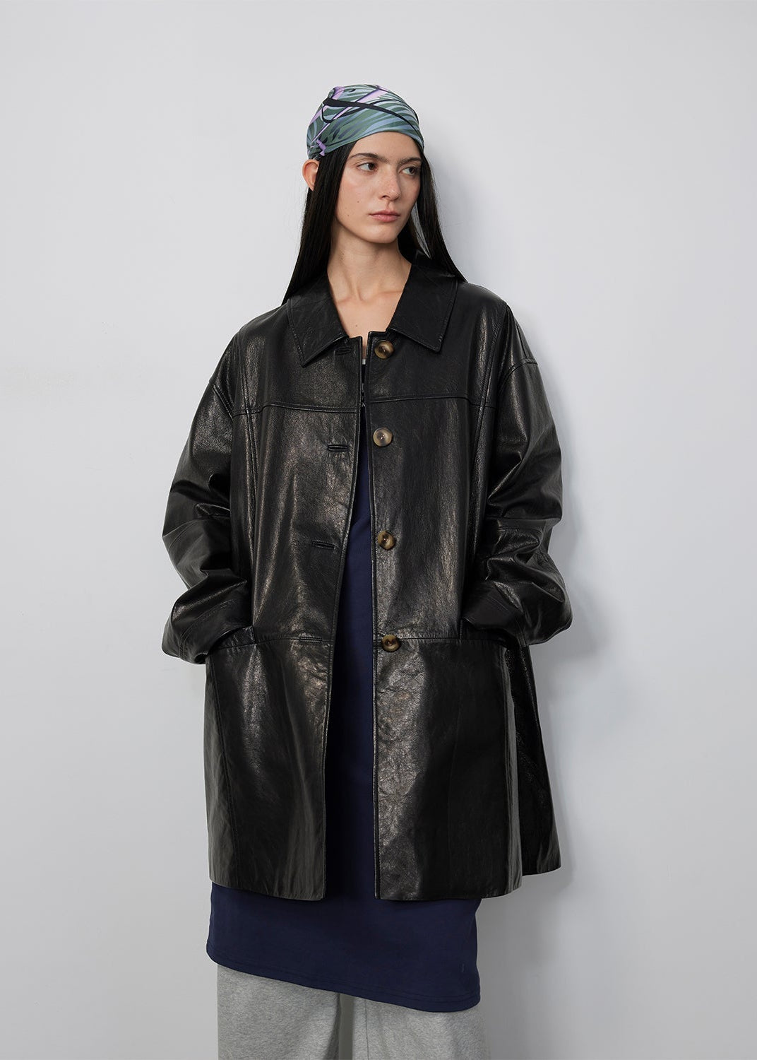 Notting Hill Diary Limited Edition Waxed Goat Leather/Retro Casual Lapel Mid-Length Leather Jacket-5
