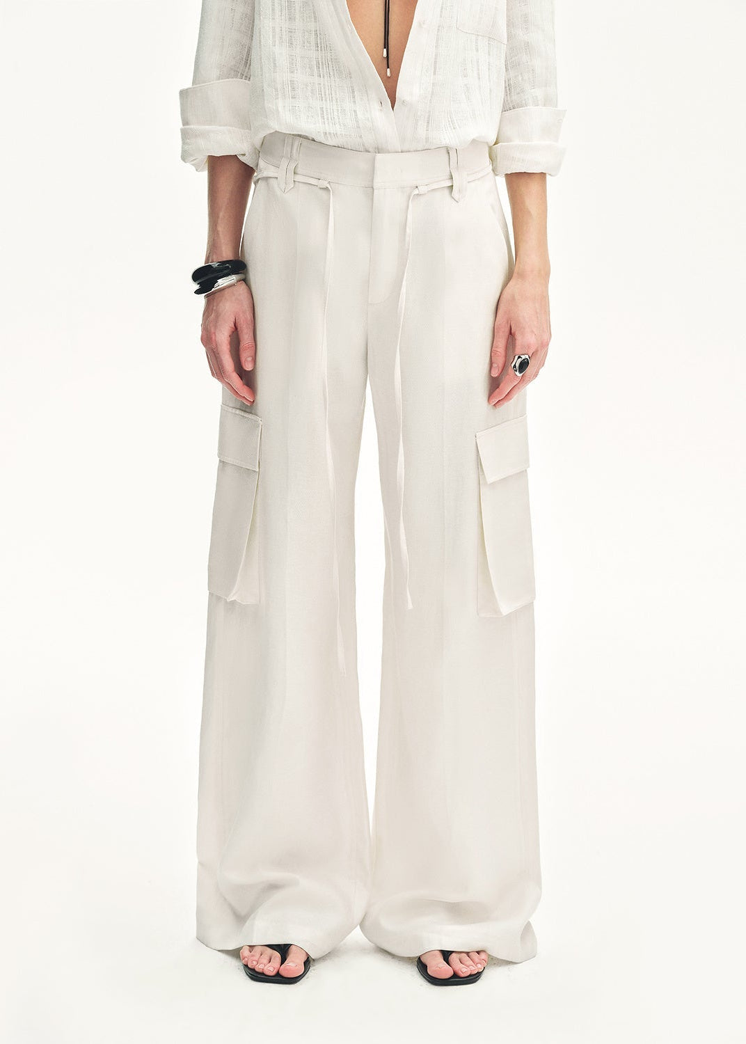 "Rhythm in the Same Frequency" Tencel linen workwear style wide-leg casual pants-1