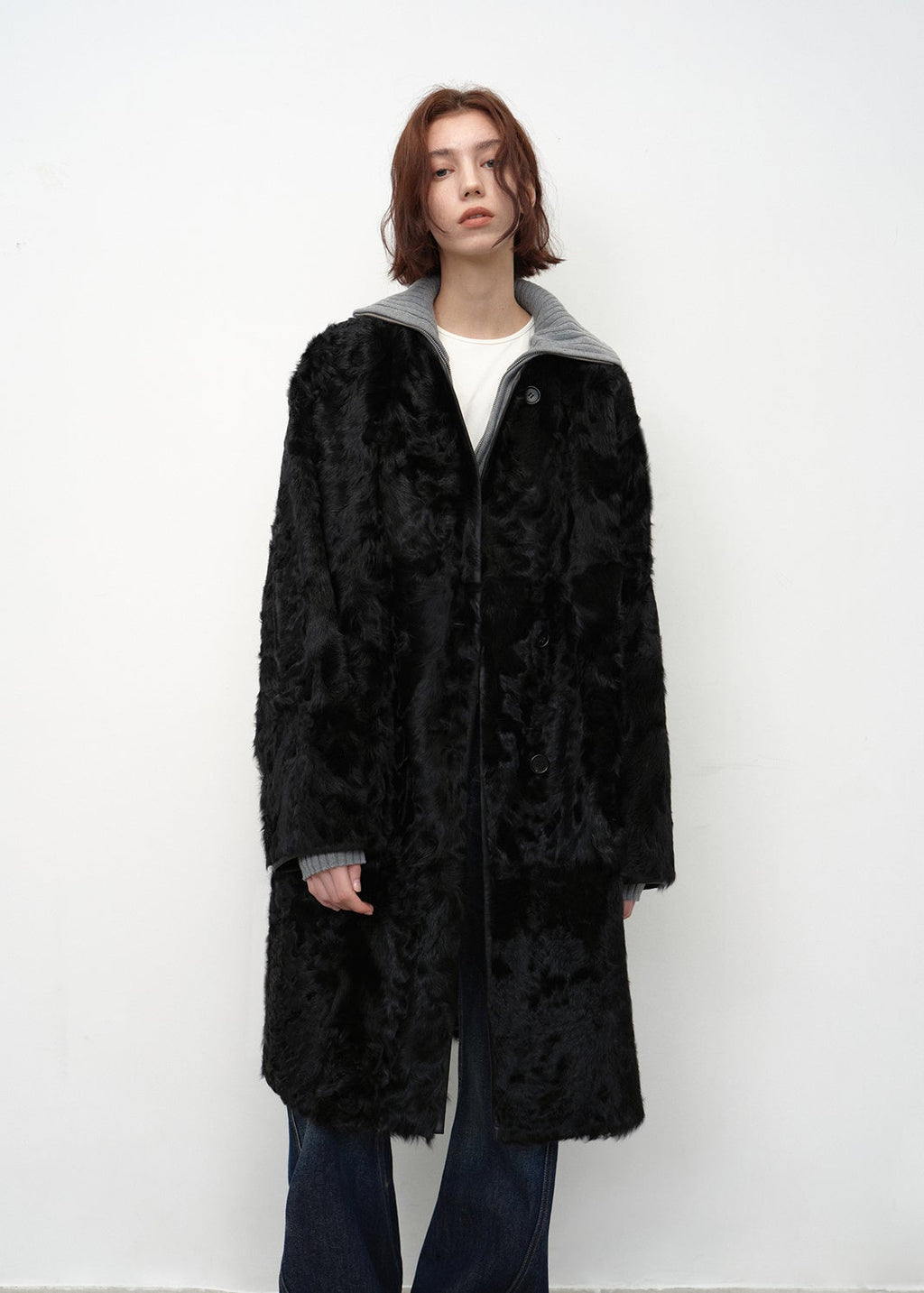 "Roman Theater" sheepskin fur one-piece long round neck straight fur coat for women winter-5
