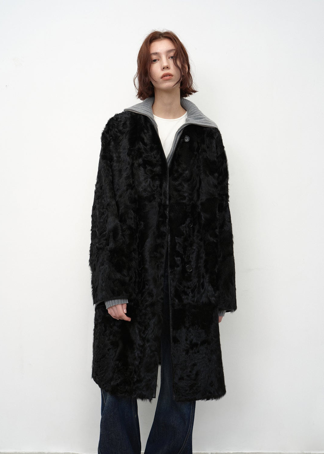 "Roman Theater" sheepskin fur one-piece long round neck straight fur coat for women winter-5