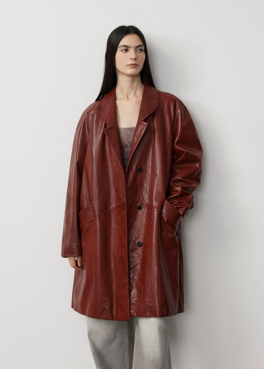 Sonorous Rose vintage imported oil waxed goatskin long trench coat-2