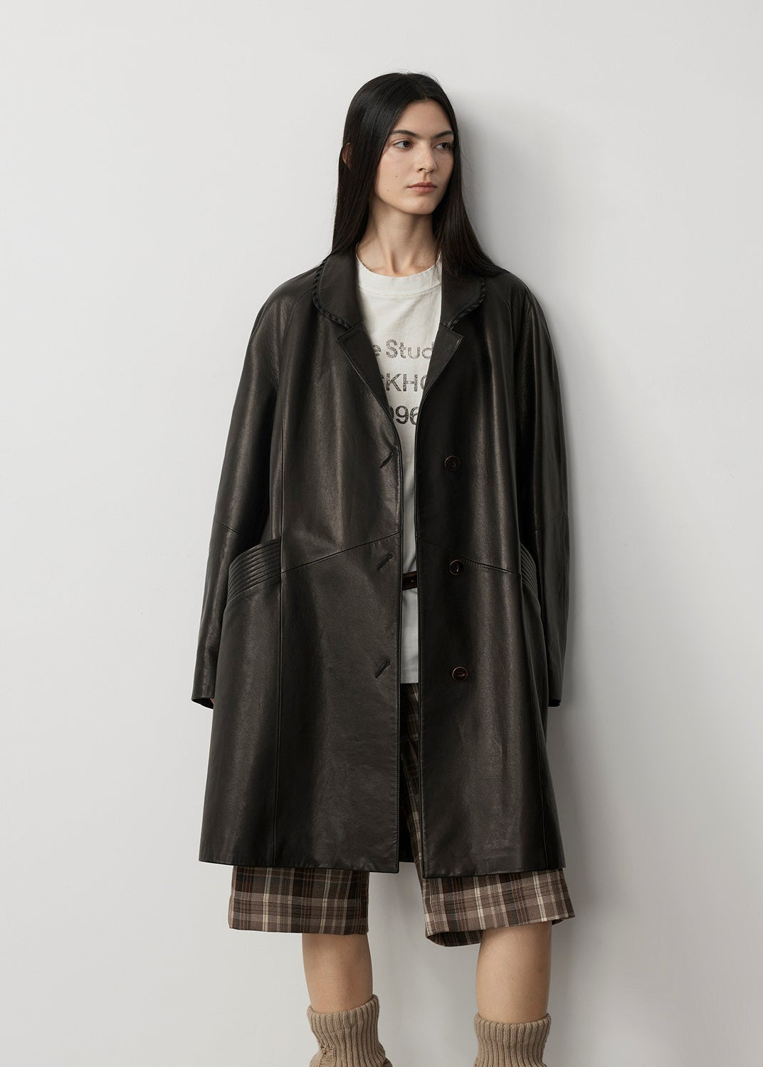 Sonorous Rose vintage imported oil waxed goatskin long trench coat-4