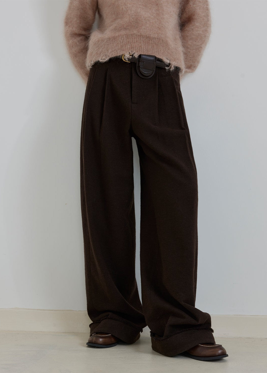 "Commuting Rules" Worsted Wool Blend Waistless Raw Edge Wide Leg Pants Slimming Scimitar Casual Pants-5