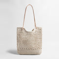 Diamond Pointelle Woven Tote Bag – Chunky Cotton Rope Beach Bag with Leather Handles-0