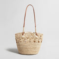 Floral Crochet Woven Straw Tote Bag – Marte Grass Leather Trim Shoulder Bag-0