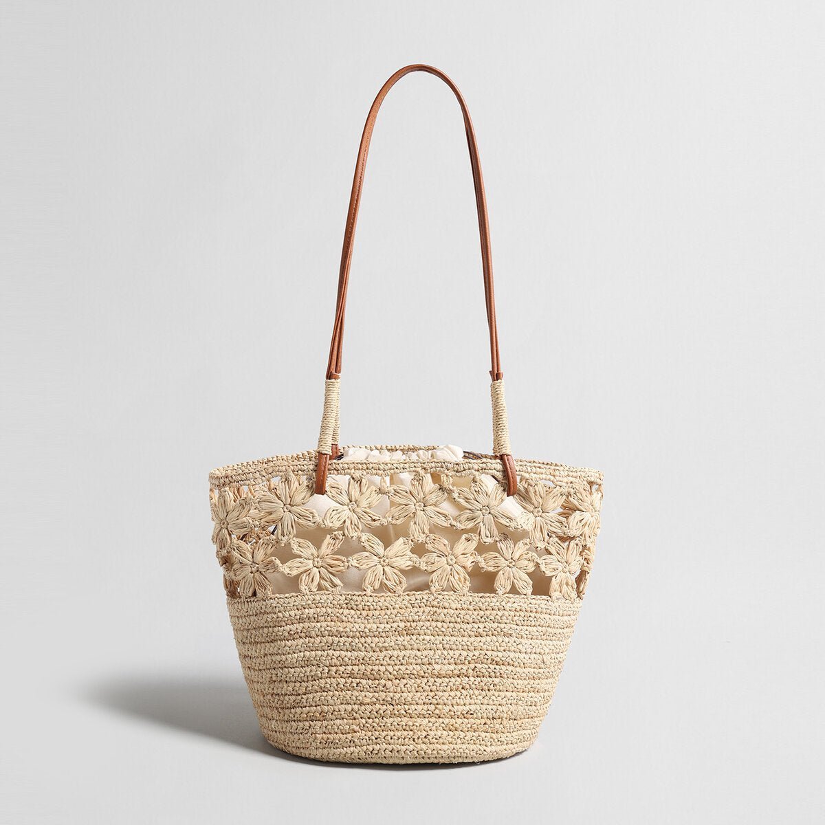Floral Crochet Woven Straw Tote Bag – Marte Grass Leather Trim Shoulder Bag-0