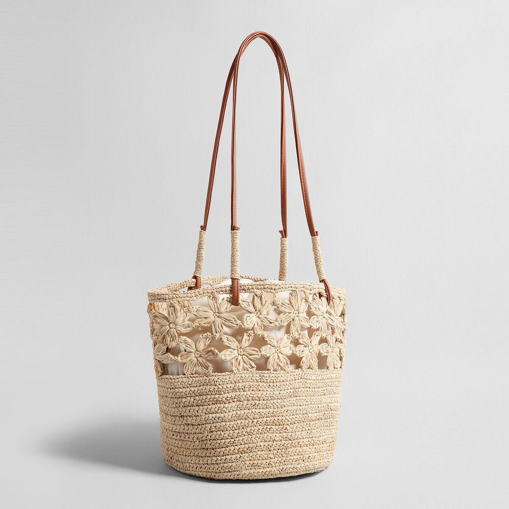 Floral Crochet Woven Straw Tote Bag – Marte Grass Leather Trim Shoulder Bag-1