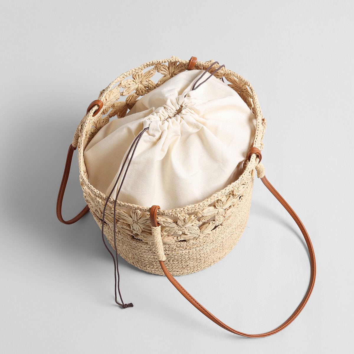 Floral Crochet Woven Straw Tote Bag – Marte Grass Leather Trim Shoulder Bag-2