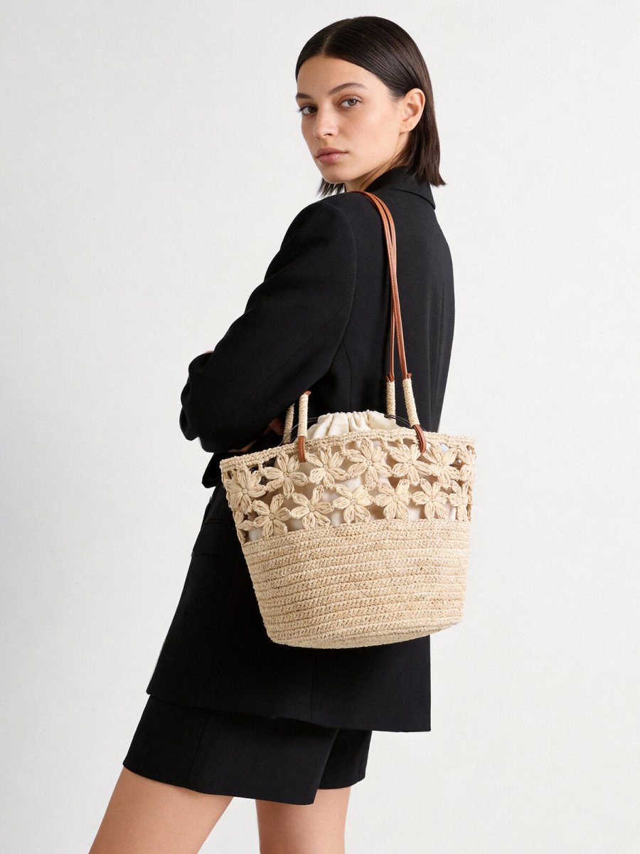 Floral Crochet Woven Straw Tote Bag – Marte Grass Leather Trim Shoulder Bag-3