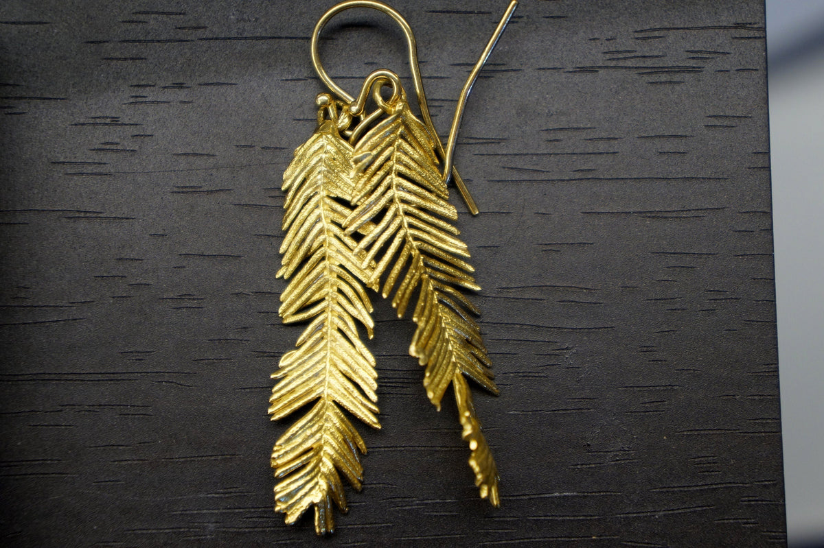 Mimosa Leaf Earrings: Handmade Nature Jewelry (Recycled Brass, 14k Gold)-1
