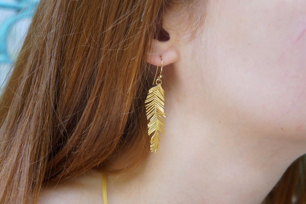 Mimosa Leaf Earrings: Handmade Nature Jewelry (Recycled Brass, 14k Gold)-2