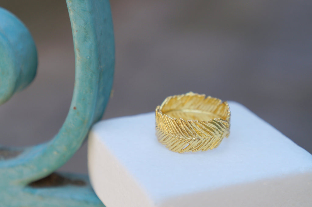 Mimosa Leaf Ring: Real Plant, 14k Gold Plated on Recycled Brass-4