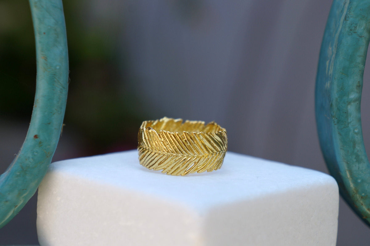 Mimosa Leaf Ring: Real Plant, 14k Gold Plated on Recycled Brass-0