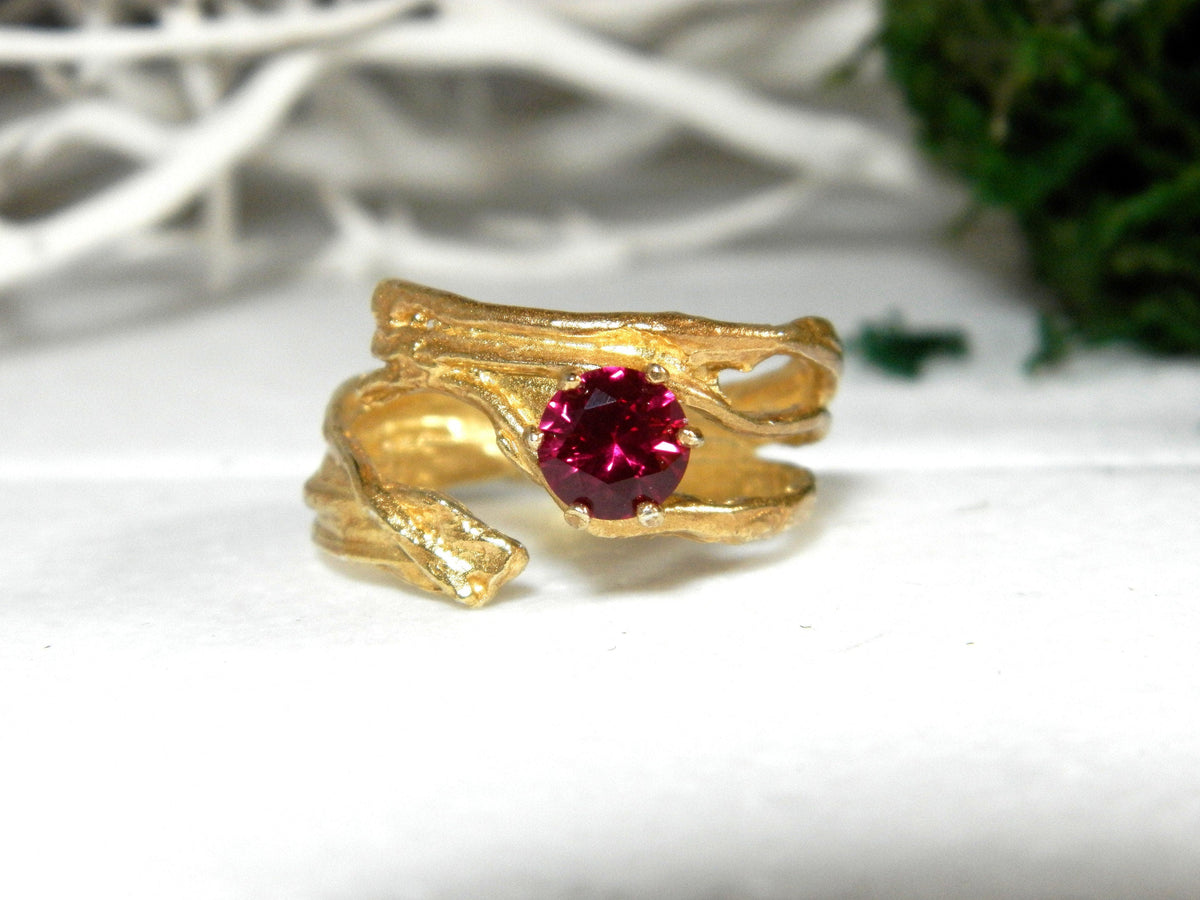Gold Branch Ring with Lab Diamond, 14K Gold Plated Sterling Silver 925 Jewelry, Handmade Jewelry Gift for Women, Nature-Inspired Ring-0