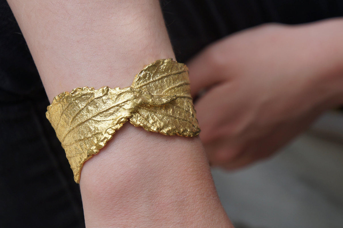 Gold Hibiscus Leaf Bracelet, Handmade Statement Jewelry, Organic Forest Cuff, Gift for Luck & Purity, Eco Sustainable Brass-0