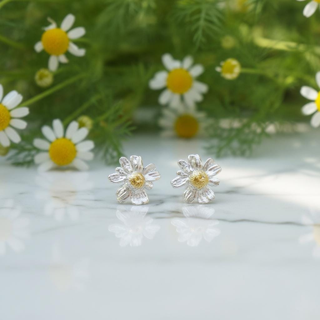 Stud Chamomile Earrings for women, 925 Sterling Silver Jewelry, Real Dainty flower - Symbolizes healing, patience, and attracting wealth-1