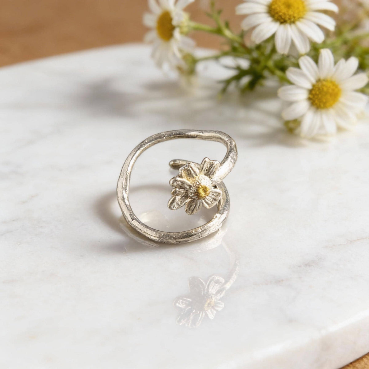 Real Chamomile Silver Ring, Handmade Nature Jewelry, Organic Flower Band, Gift for Energy & Resilience, Sustainable Sterling Silver 925-4