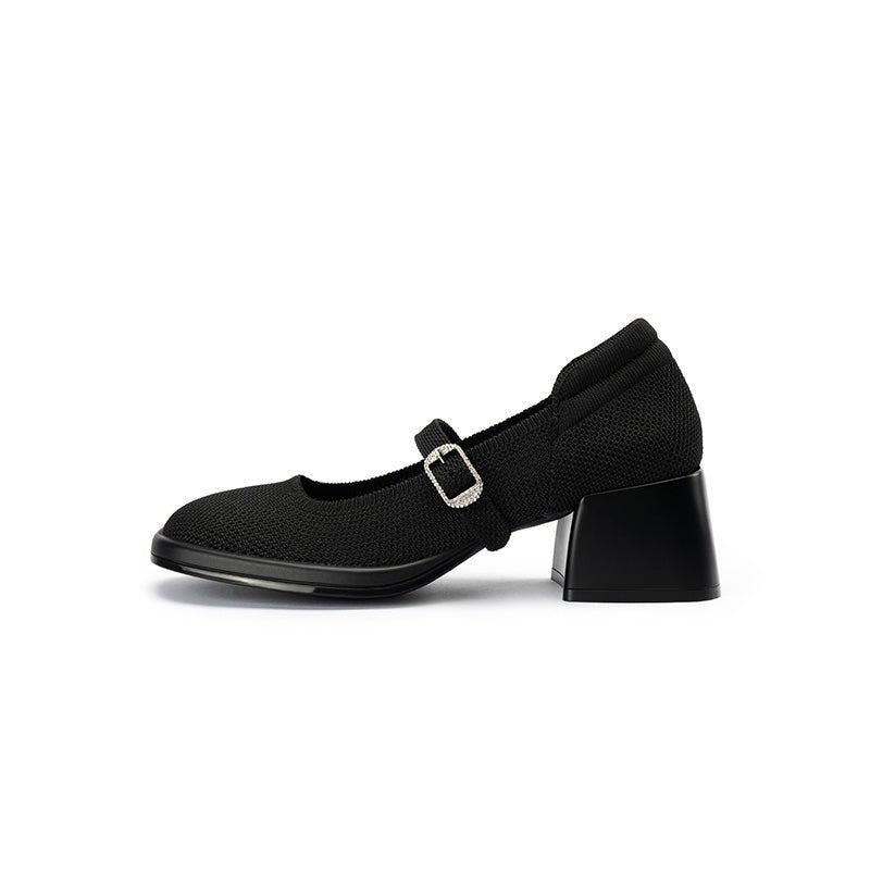 Lafayette Square Toe Mary Jane Pumps – Rhinestone Buckle Block Heel Shoes-0