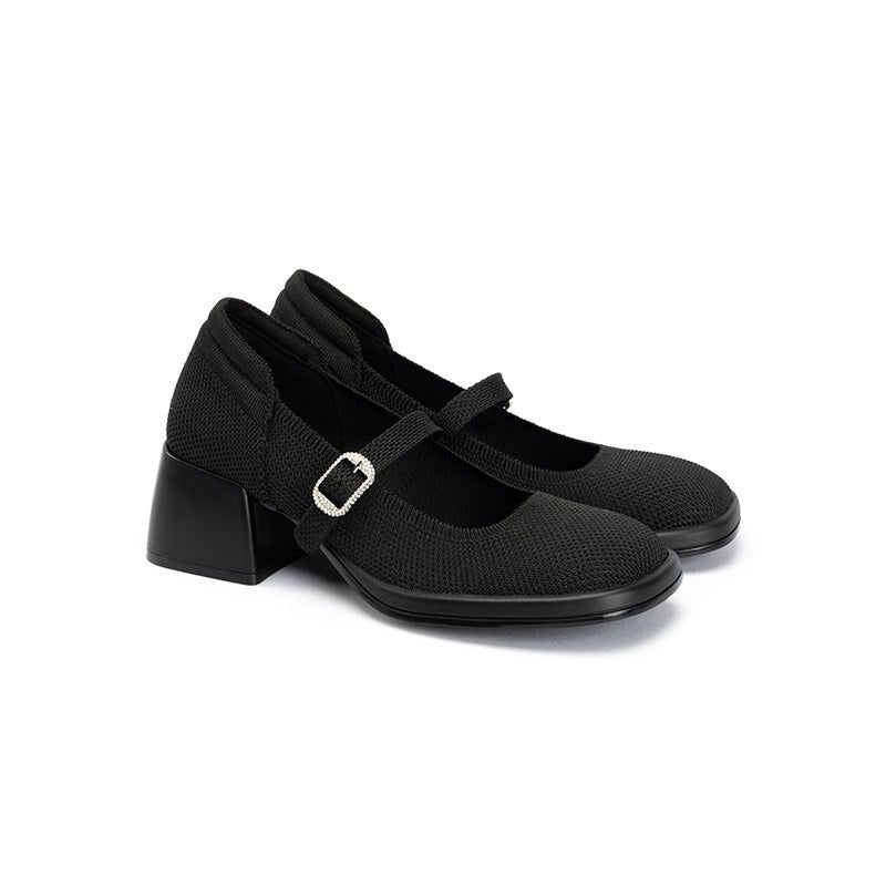 Lafayette Square Toe Mary Jane Pumps – Rhinestone Buckle Block Heel Shoes-1