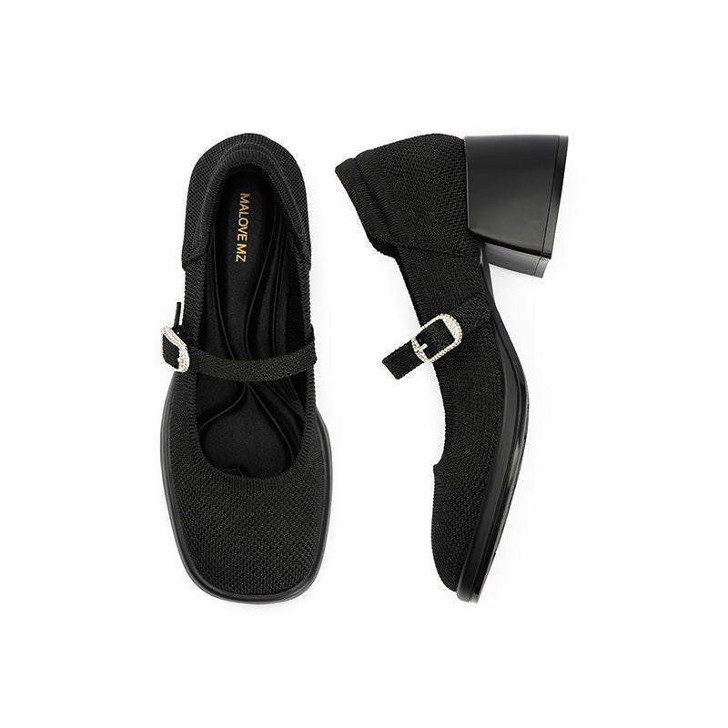 Lafayette Square Toe Mary Jane Pumps – Rhinestone Buckle Block Heel Shoes-2