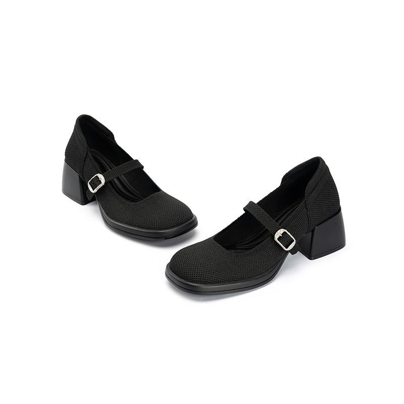 Lafayette Square Toe Mary Jane Pumps – Rhinestone Buckle Block Heel Shoes-4