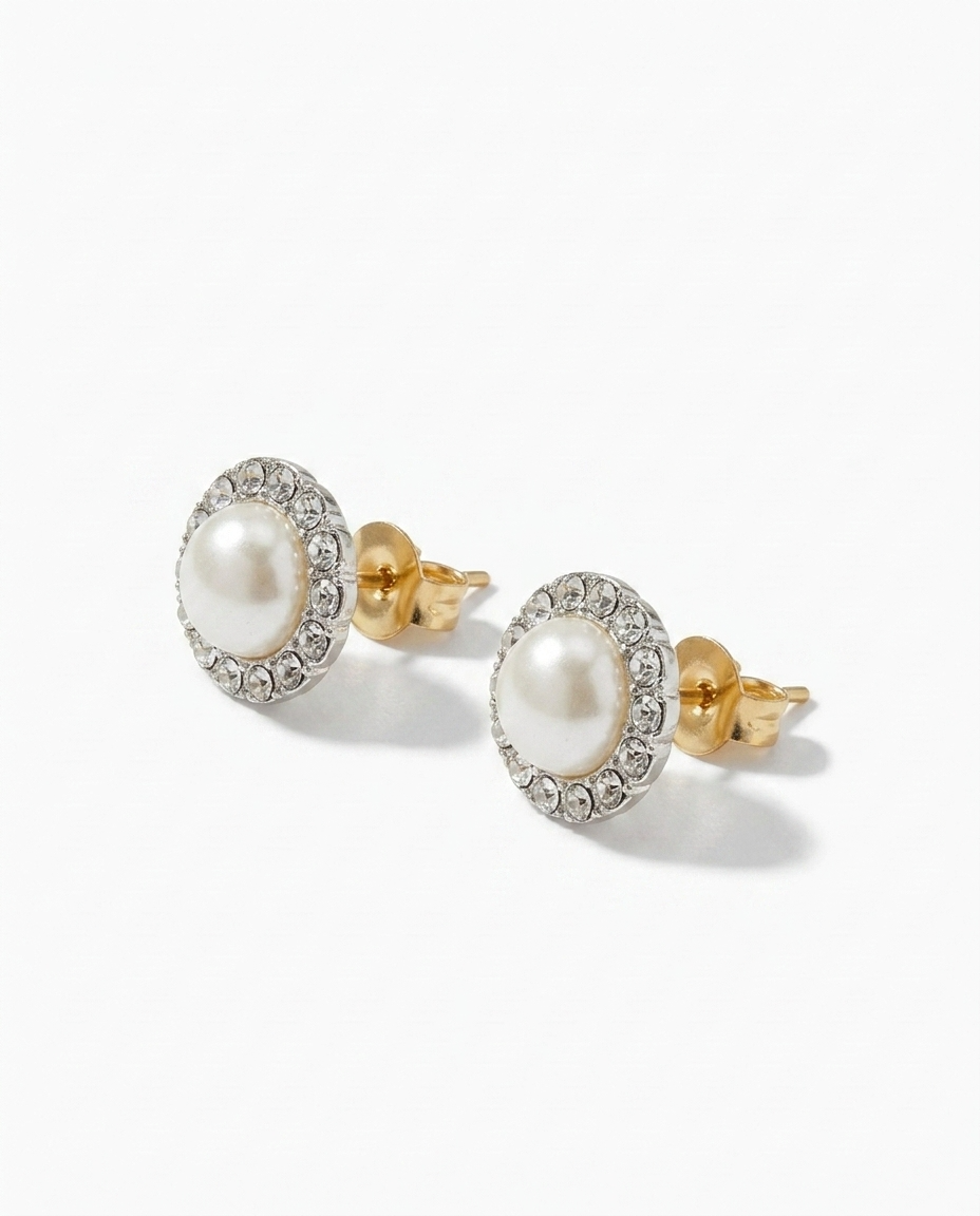 Diamond Pearl Stud Earrings-0