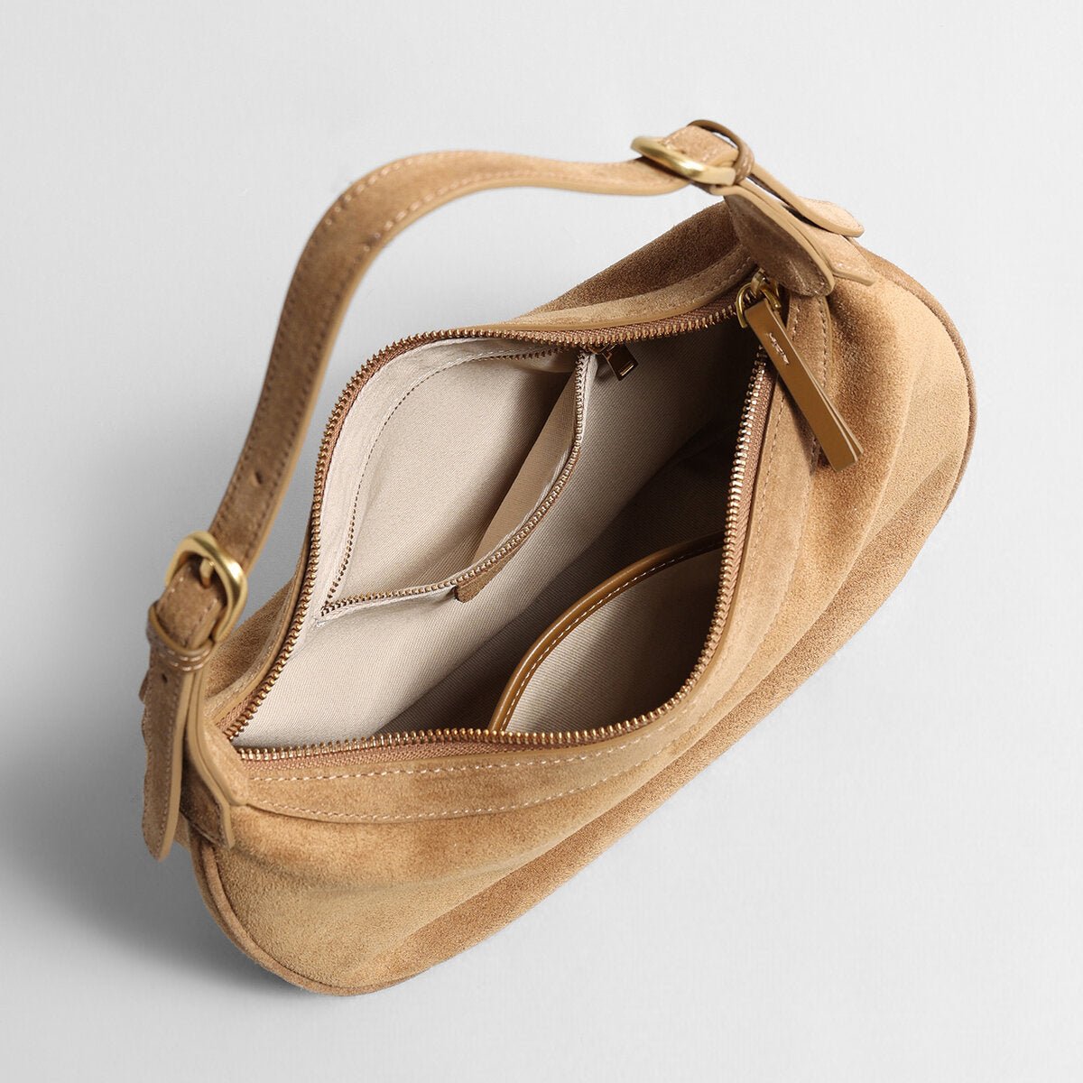 Suede Leather Crescent Hobo Bag – Dumpling-Inspired Silhouette with Adjustable Strap-3