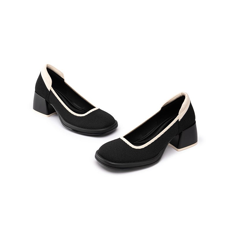 Vintage Square Toe Mary Jane Pumps – Contrast Trim Block Heel Shoes-4